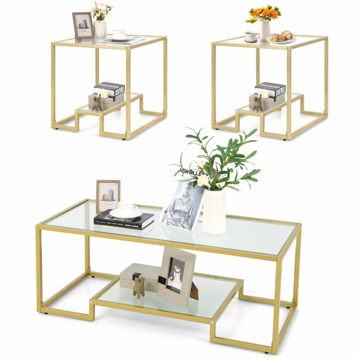 Tangkula Coffee Table Set of 2, Living Room Accent Table Set Includes Modern Deluxe Center Table & Square End Table
