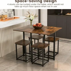 Tangkula Compact 5-Piece Dining Table Set for 4, Small Kitchen Table Set with Square Stools and Metal Frame