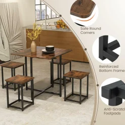 Tangkula Compact 5-Piece Dining Table Set for 4, Small Kitchen Table Set with Square Stools and Metal Frame