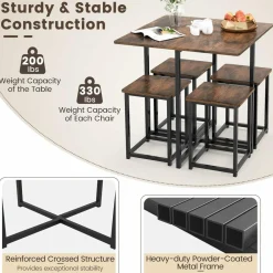 Tangkula Compact 5-Piece Dining Table Set for 4, Small Kitchen Table Set with Square Stools and Metal Frame