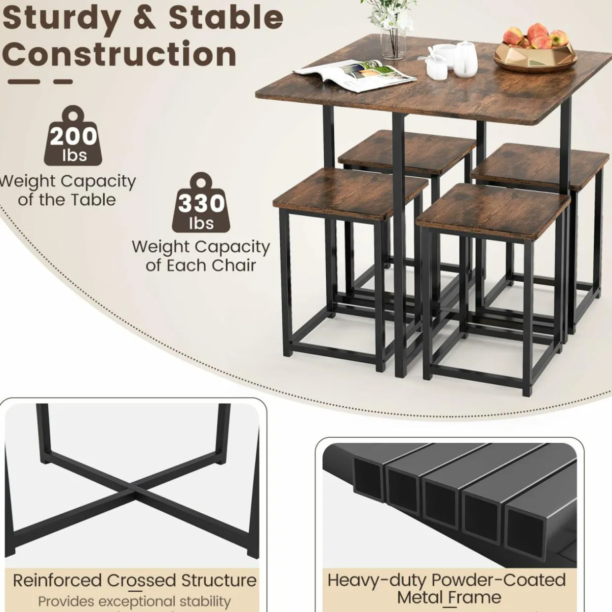 Tangkula Compact 5-Piece Dining Table Set for 4, Small Kitchen Table Set with Square Stools and Metal Frame