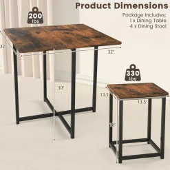 Tangkula Compact 5-Piece Dining Table Set for 4, Small Kitchen Table Set with Square Stools and Metal Frame