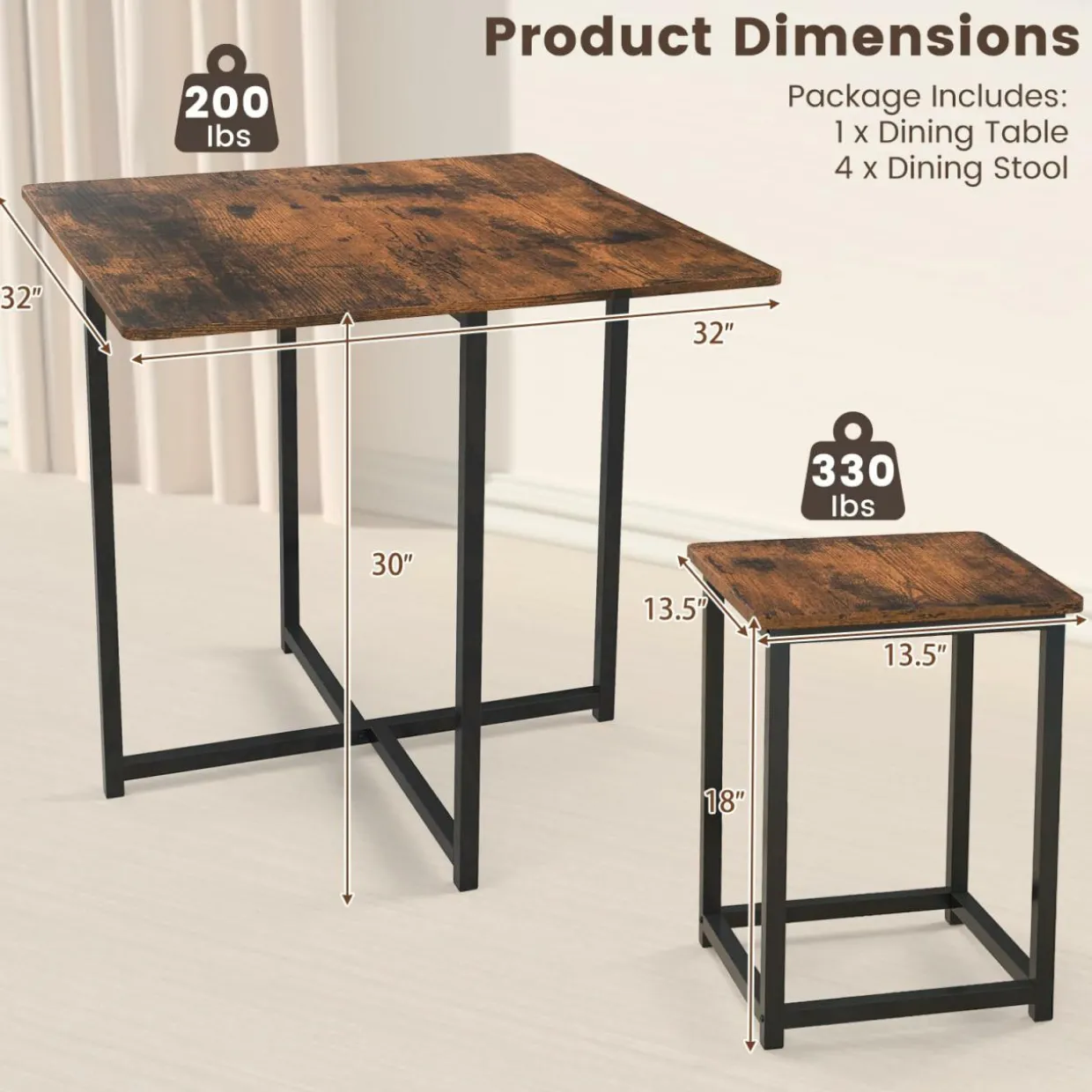 Tangkula Compact 5-Piece Dining Table Set for 4, Small Kitchen Table Set with Square Stools and Metal Frame
