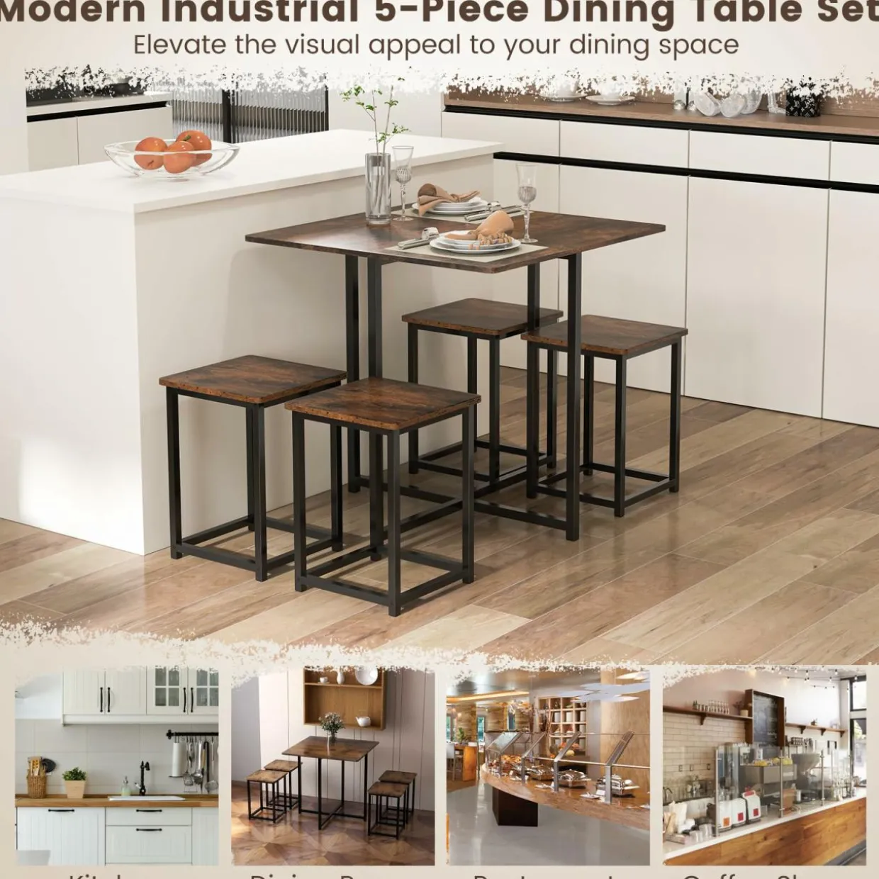 Tangkula Compact 5-Piece Dining Table Set for 4, Small Kitchen Table Set with Square Stools and Metal Frame