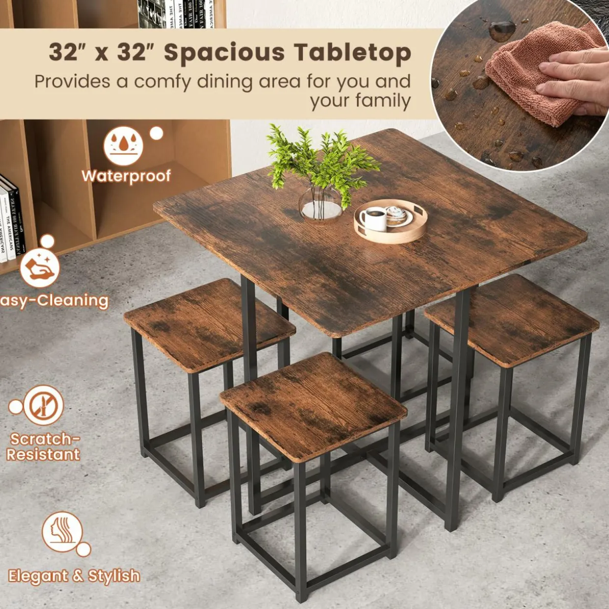 Tangkula Compact 5-Piece Dining Table Set for 4, Small Kitchen Table Set with Square Stools and Metal Frame