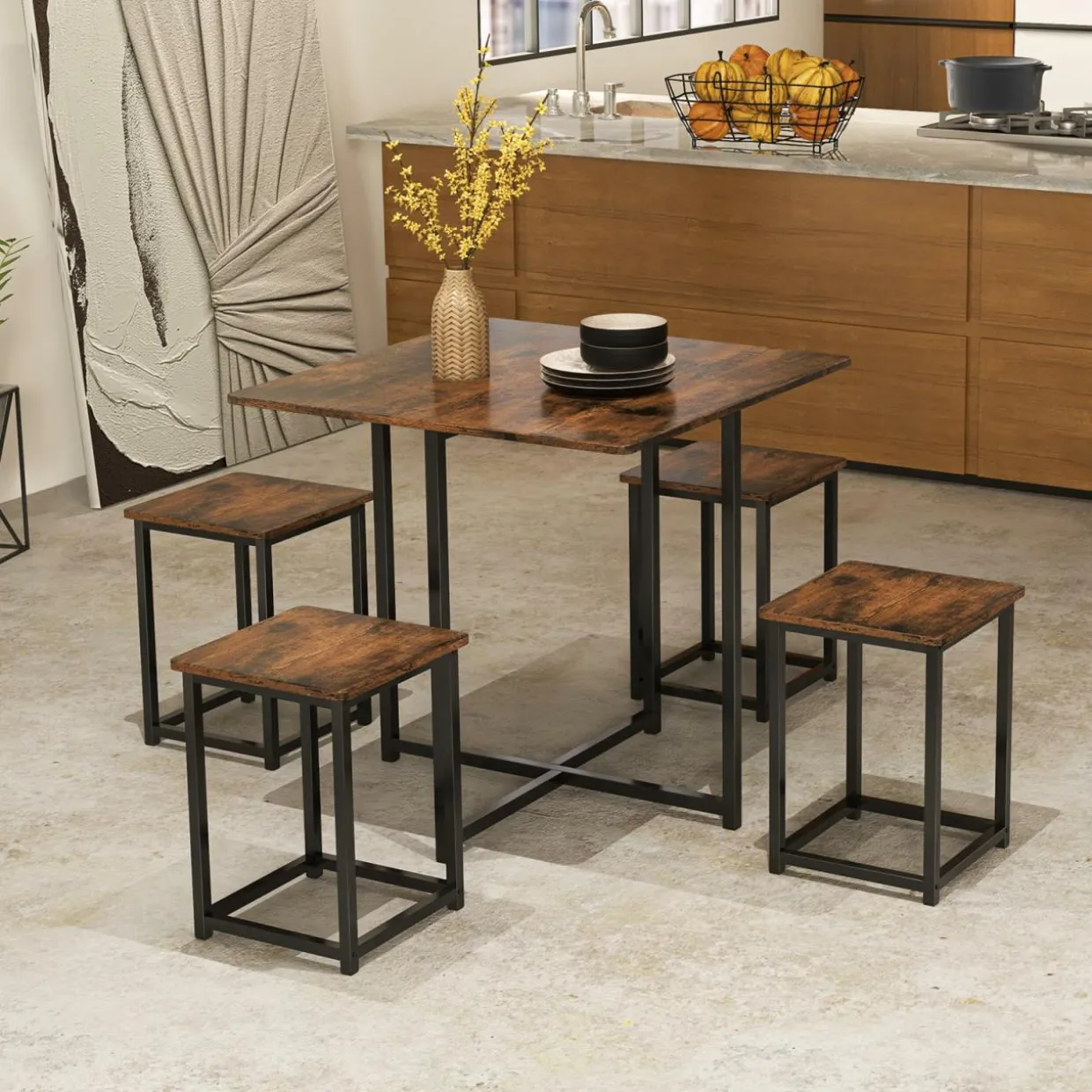 Tangkula Compact 5-Piece Dining Table Set for 4, Small Kitchen Table Set with Square Stools and Metal Frame