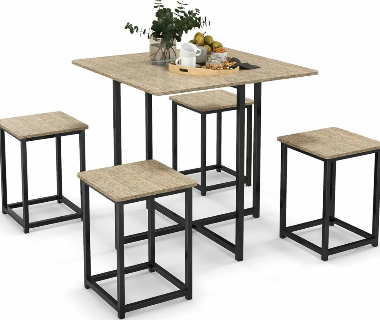 Tangkula Compact 5-Piece Dining Table Set for 4, Small Kitchen Table Set with Square Stools and Metal Frame