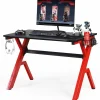Tangkula Computer Desk Gaming Desk, Ergonomic Gamer Workstation with Cup & Headphone Holder Mouse Pad