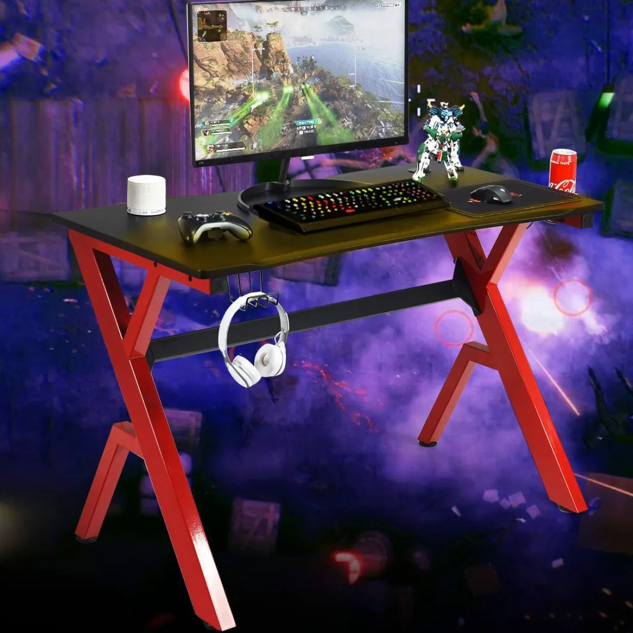 Tangkula Computer Desk Gaming Desk, Ergonomic Gamer Workstation with Cup & Headphone Holder Mouse Pad