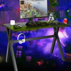 Tangkula Computer Desk Gaming Desk, Ergonomic E-Sports Desk with Cup & Headphone Holder and Mouse Pad