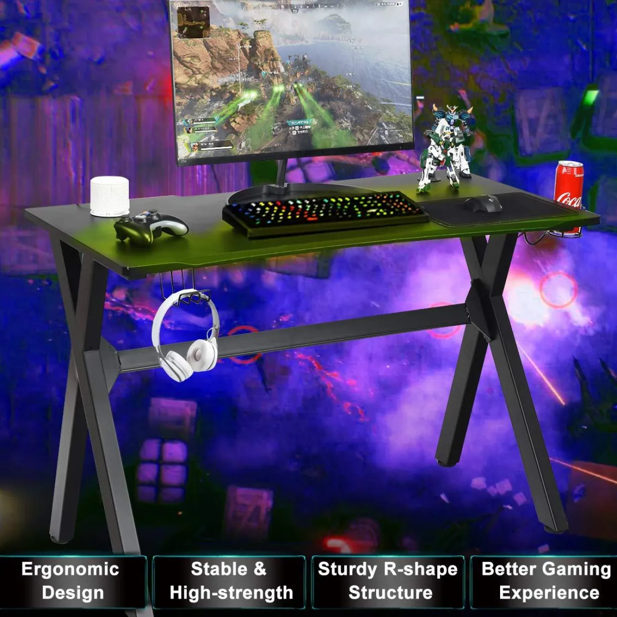 Tangkula Computer Desk Gaming Desk, Ergonomic E-Sports Desk with Cup & Headphone Holder and Mouse Pad
