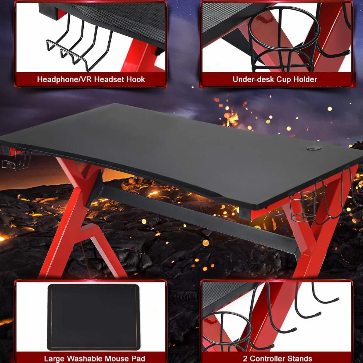 Tangkula Computer Desk Gaming Desk, Ergonomic Gamer Workstation with Cup & Headphone Holder Mouse Pad