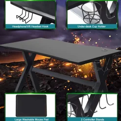 Tangkula Computer Desk Gaming Desk, Ergonomic E-Sports Desk with Cup & Headphone Holder and Mouse Pad
