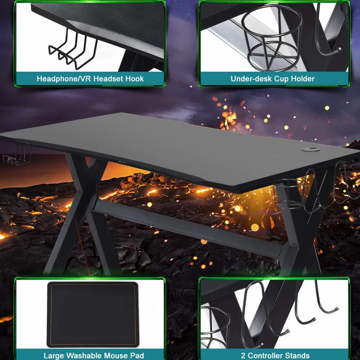 Tangkula Computer Desk Gaming Desk, Ergonomic E-Sports Desk with Cup & Headphone Holder and Mouse Pad