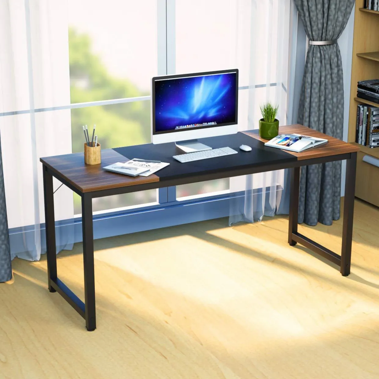 Tangkula 63"Computer Desk, Modern Large Writing Desk Computer Table (Black & Brown)
