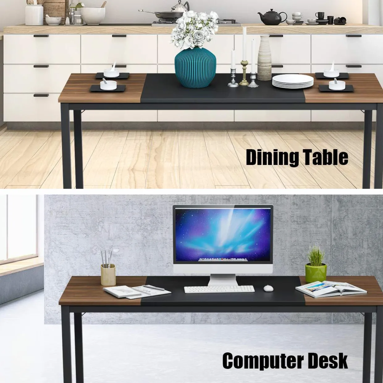 Tangkula 63"Computer Desk, Modern Large Writing Desk Computer Table (Black & Brown)