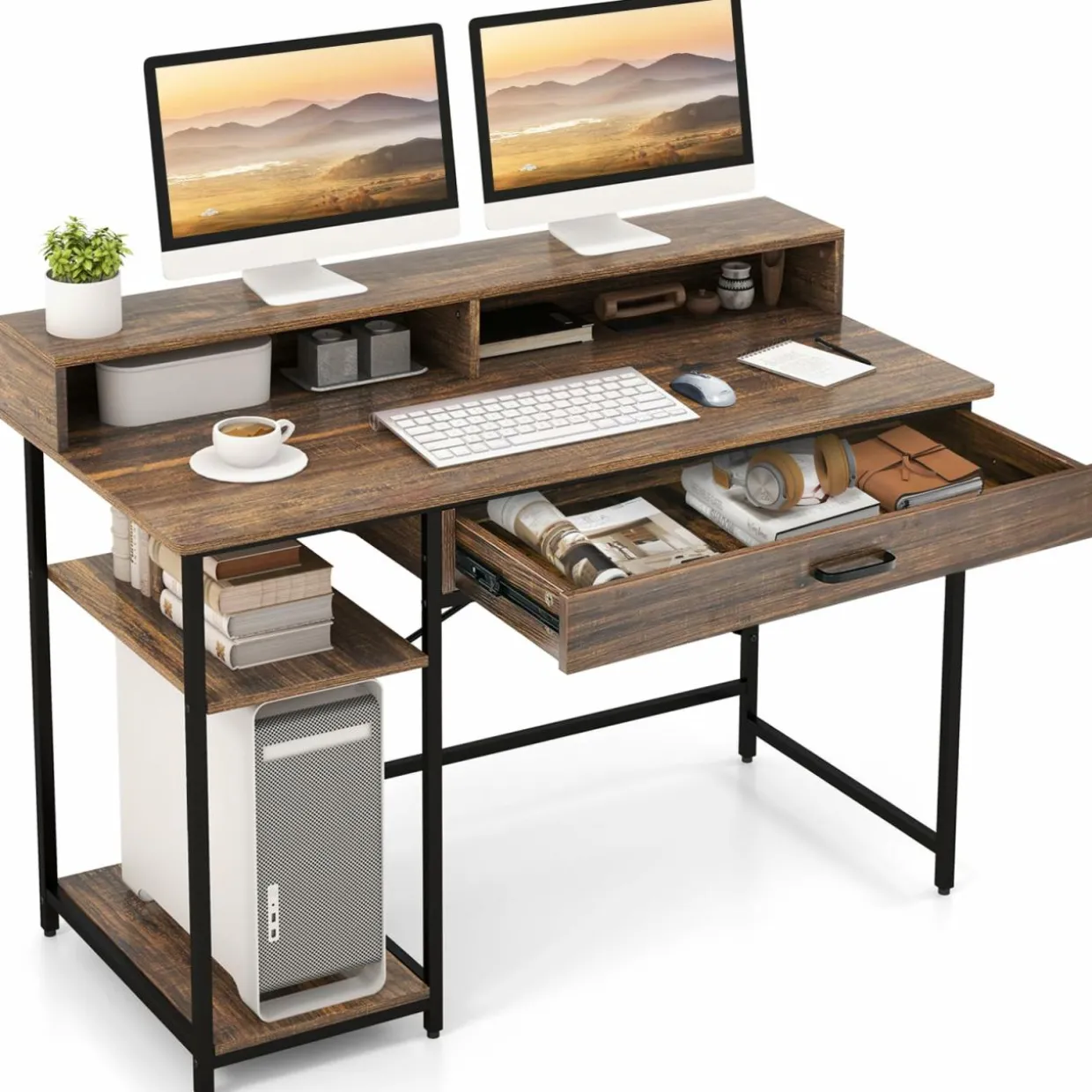 Tangkula Computer Desk with Storage Drawer & Monitor Stand