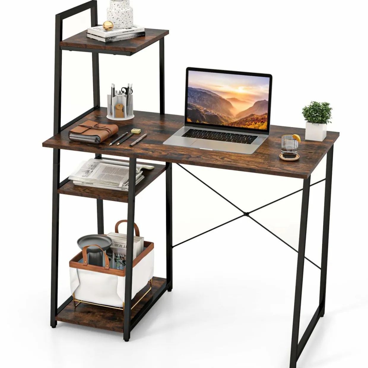Tangkula Computer Desk with Shelves, Space Saving Home Office Desk with 3-Tier Ladder Shaped Storage Bookshelf