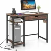 Tangkula Computer Desk with Charging Station, 40” Industrial Home Office Desk with Drawer & Adjustable Shelf