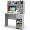Tangkula Computer Desk with Hutch, Home Office Desk with Raised Display Shelf & 2 Open Shelves (Gray)