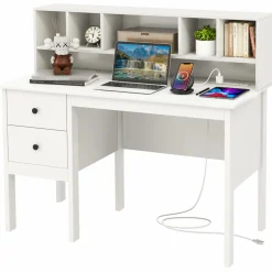 Tangkula Computer Desk with Drawers & Hutch, Modern Home Office Desk Writing Study Desk with Charging Station