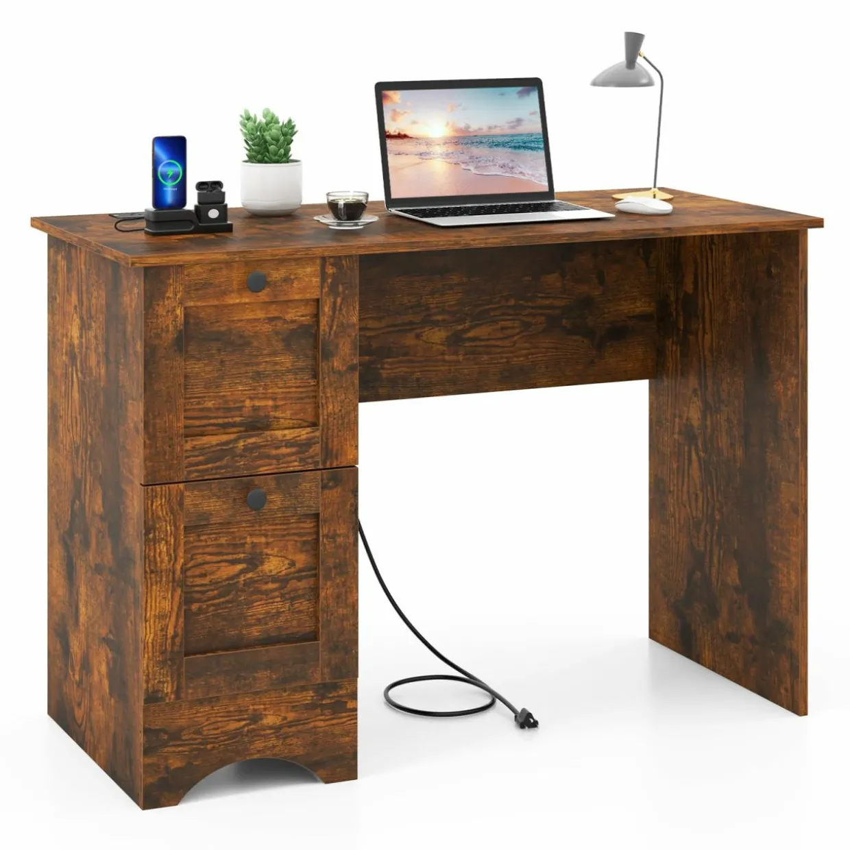 Tangkula Computer Desk with Drawers & Charging Station