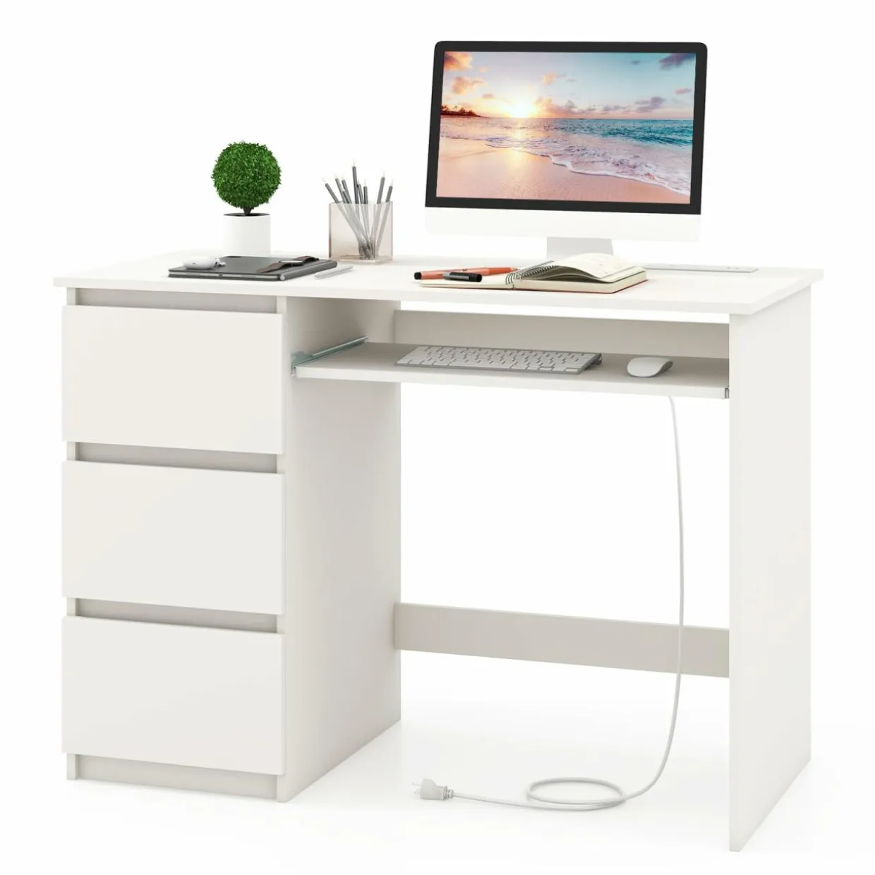Tangkula Computer Desk with 3 Storage Drawers & Built-in Charging Station, Home Office Desk with Keyboard Tray