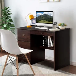 Tangkula Computer Desk with Drawers, Wood Frame Home Office Desk with Storage Shelf