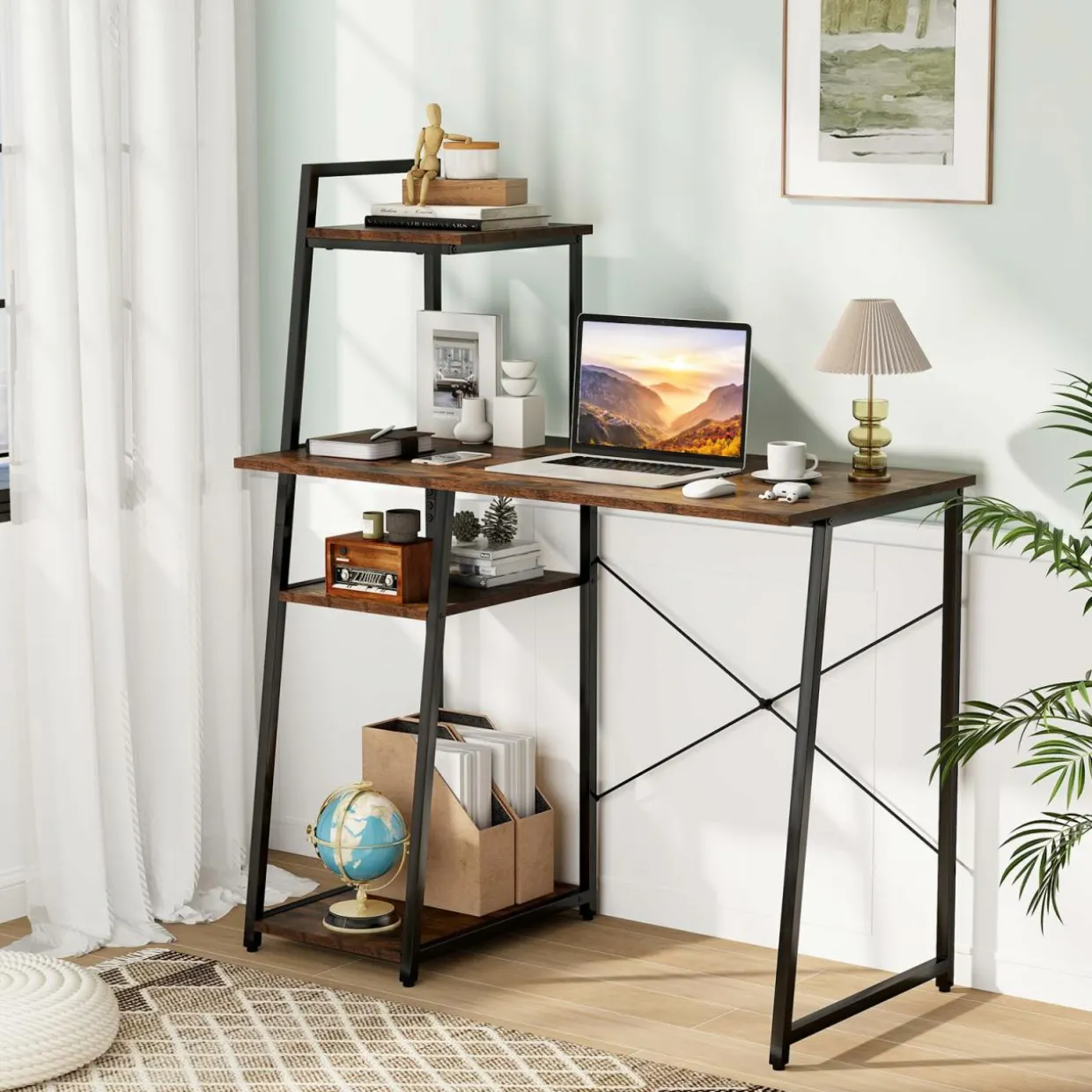 Tangkula Computer Desk with Shelves, Space Saving Home Office Desk with 3-Tier Ladder Shaped Storage Bookshelf