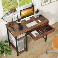 Tangkula Computer Desk with Charging Station, 40” Industrial Home Office Desk with Drawer & Adjustable Shelf