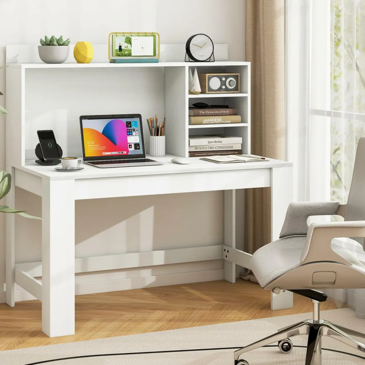 Tangkula Computer Desk with Hutch & Charging Station