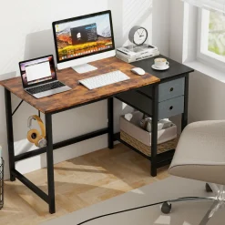 Tangkula Computer Desk with 2 Drawers, Modern Home Office Desk with Hanging Hook & Storage Shelf