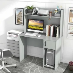 Tangkula Computer Desk with Hutch, Home Office Desk with Raised Display Shelf & 2 Open Shelves (Gray)