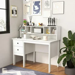 Tangkula Computer Desk with Drawers & Hutch, Modern Home Office Desk Writing Study Desk with Charging Station