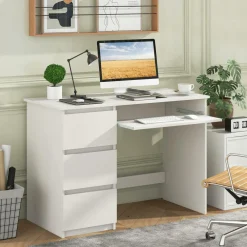 Tangkula Computer Desk with 3 Storage Drawers & Built-in Charging Station, Home Office Desk with Keyboard Tray
