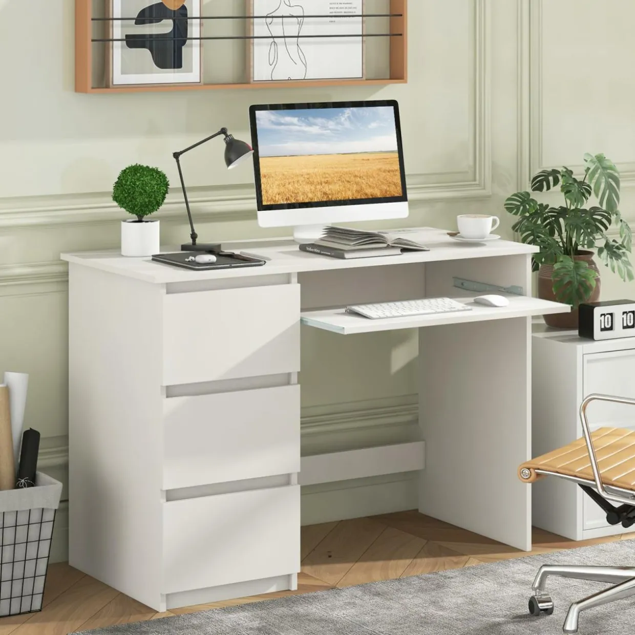 Tangkula Computer Desk with 3 Storage Drawers & Built-in Charging Station, Home Office Desk with Keyboard Tray