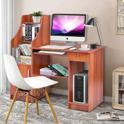 Tangkula Computer Desk with Storage Cabinet & Drawer, Wood Frame Home Office Desk with Pull-Out Keyboard Tray
