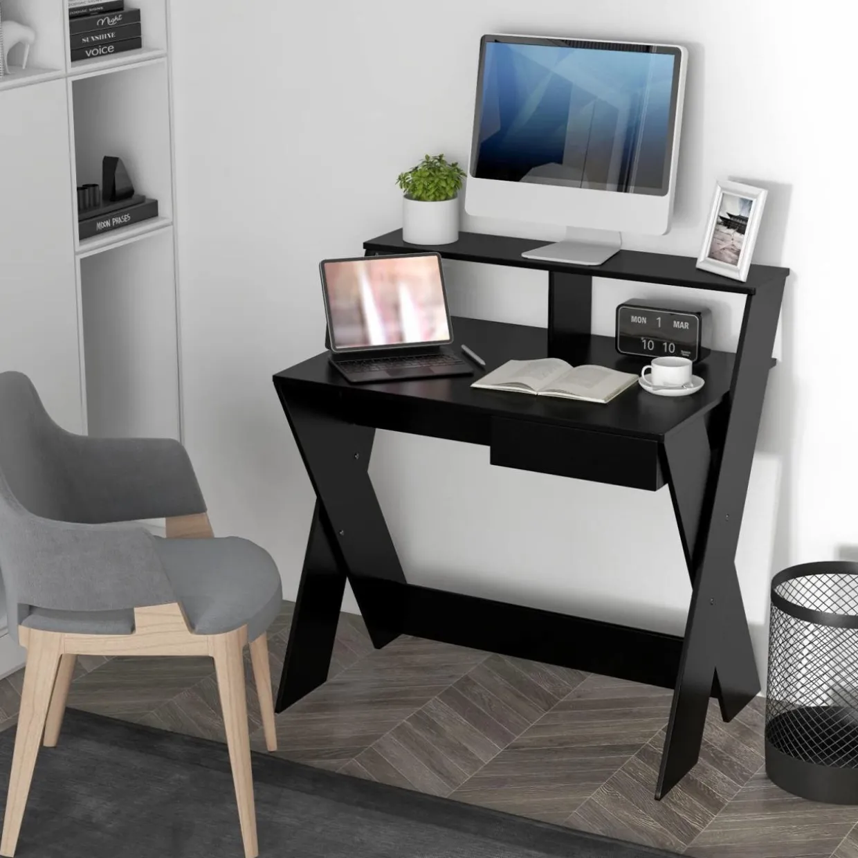 Tangkula Computer Desk with Storage Drawer, Small Writing Desk with Monitor Stand Riser