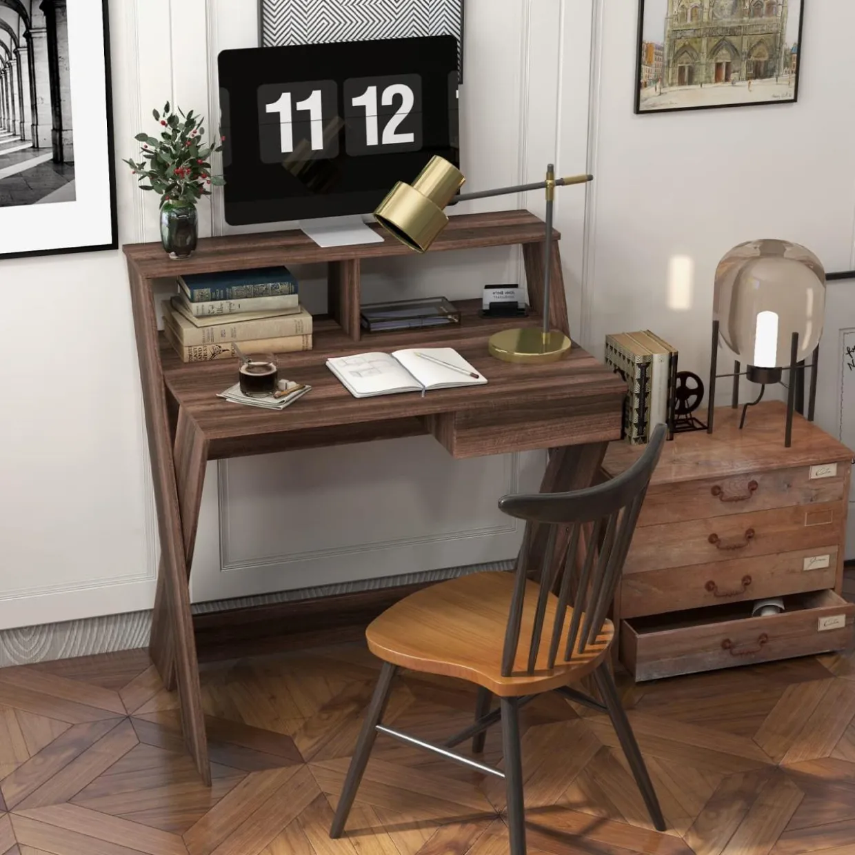 Tangkula Computer Desk with Storage Drawer, Small Writing Desk with Monitor Stand Riser