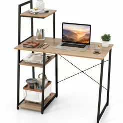 Tangkula Computer Desk with Shelves, Space Saving Home Office Desk with 3-Tier Ladder Shaped Storage Bookshelf