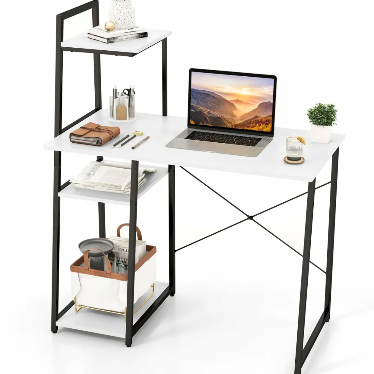 Tangkula Computer Desk with Shelves, Space Saving Home Office Desk with 3-Tier Ladder Shaped Storage Bookshelf