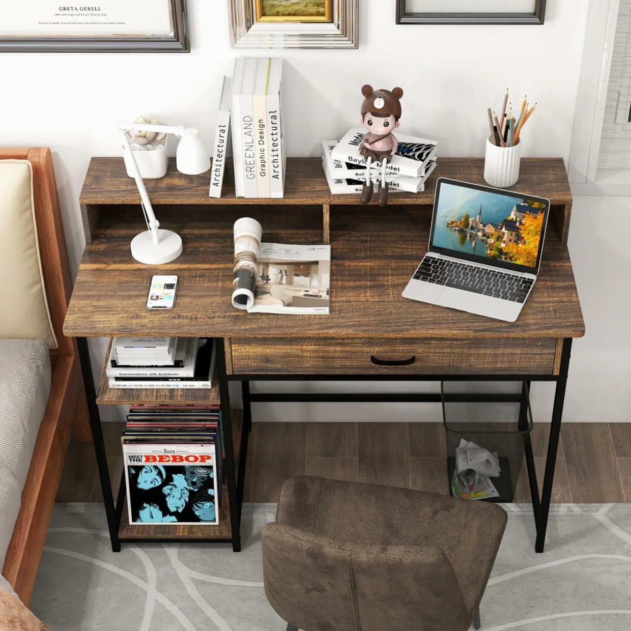 Tangkula Computer Desk with Storage Drawer & Monitor Stand