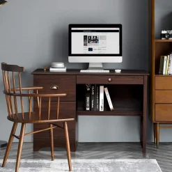Tangkula Computer Desk with Drawers, Wood Frame Home Office Desk with Storage Shelf