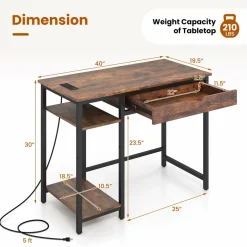 Tangkula Computer Desk with Charging Station, 40” Industrial Home Office Desk with Drawer & Adjustable Shelf