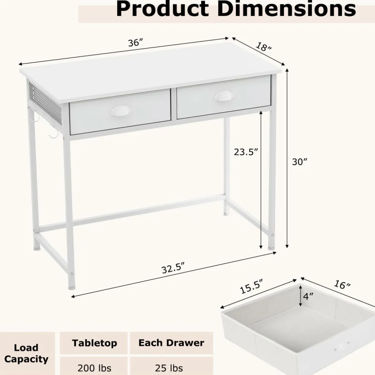 Tangkula Computer Desk with 2 Storage Drawers & 4 Hooks