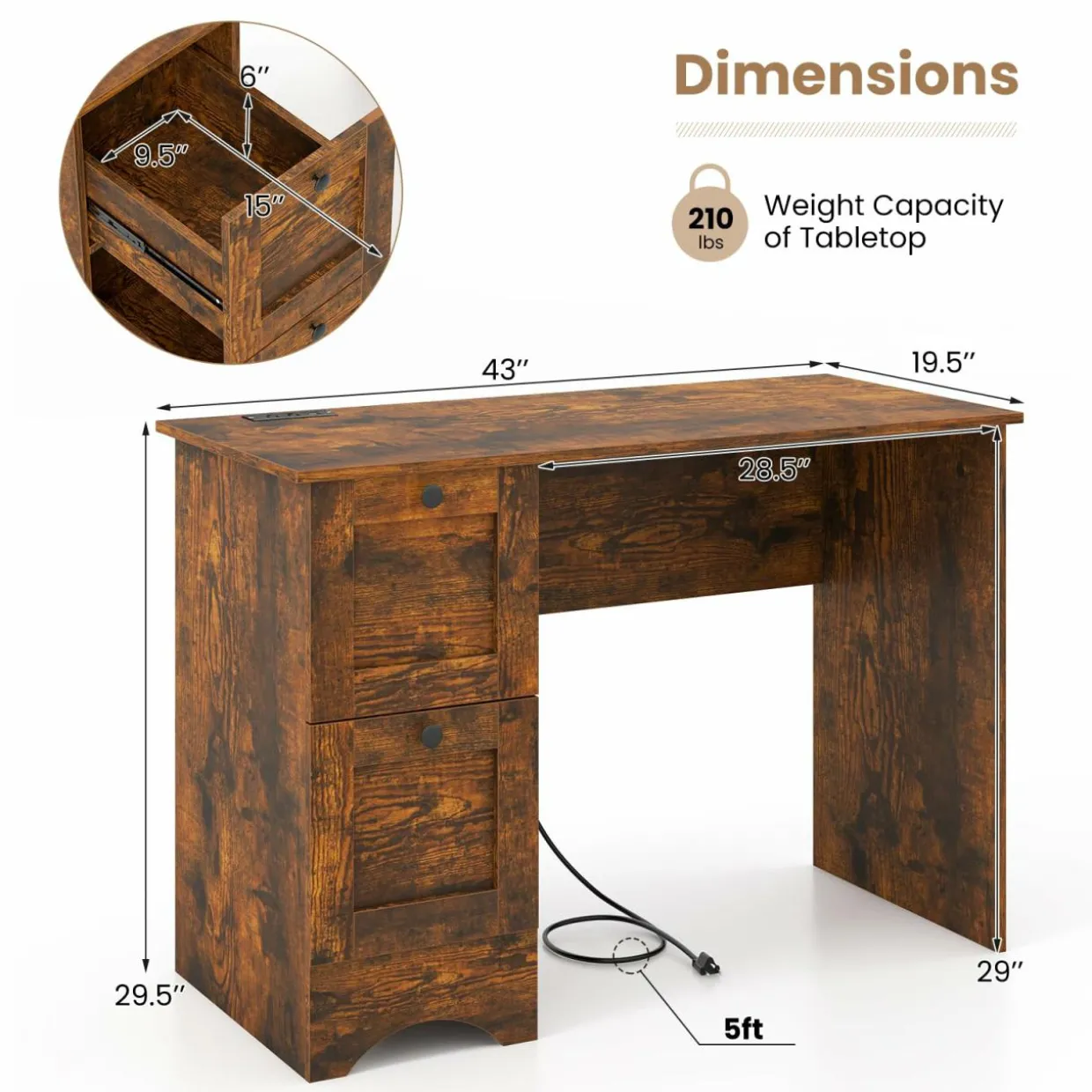 Tangkula Computer Desk with Drawers & Charging Station