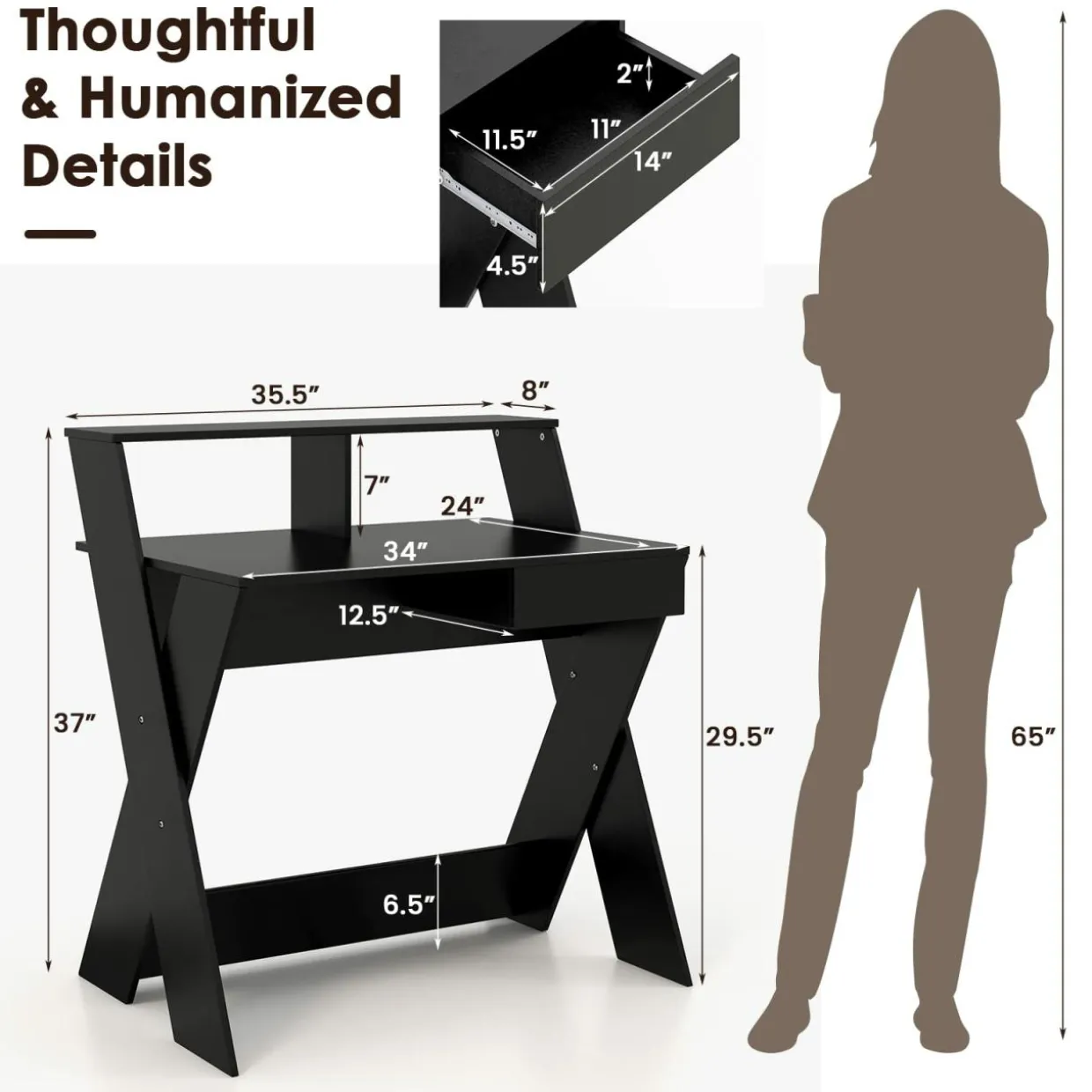 Tangkula Computer Desk with Storage Drawer, Small Writing Desk with Monitor Stand Riser