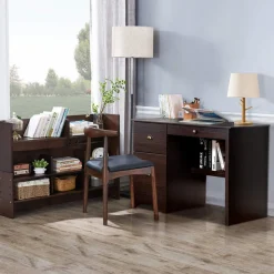 Tangkula Computer Desk with Drawers, Wood Frame Home Office Desk with Storage Shelf