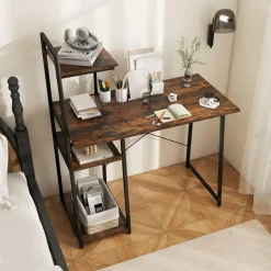 Tangkula Computer Desk with Shelves, Space Saving Home Office Desk with 3-Tier Ladder Shaped Storage Bookshelf