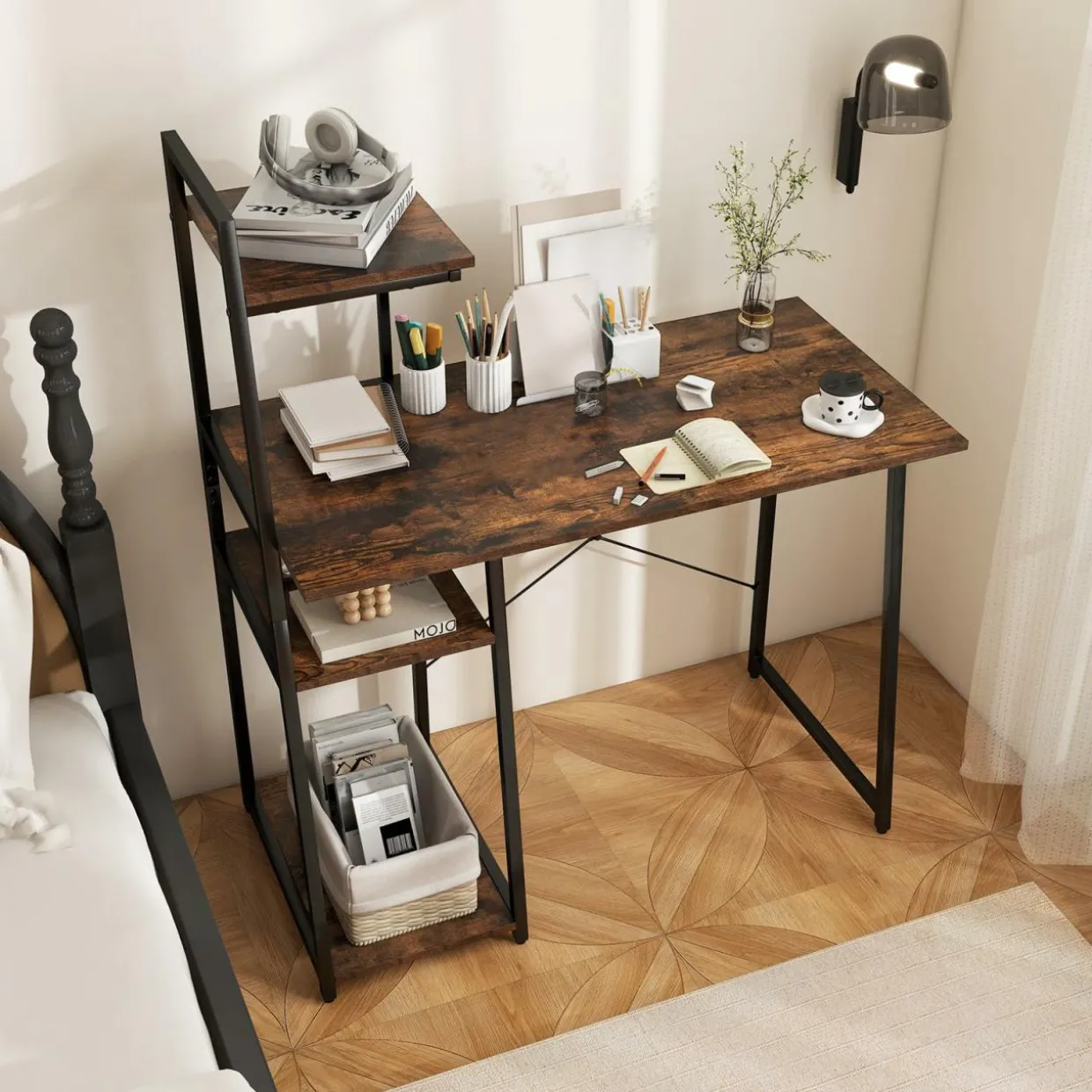 Tangkula Computer Desk with Shelves, Space Saving Home Office Desk with 3-Tier Ladder Shaped Storage Bookshelf